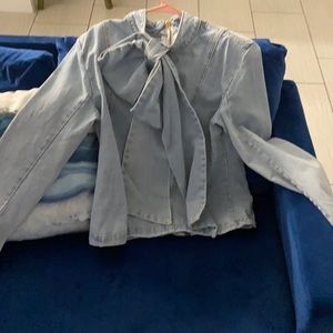 Denim long sleeve bow tie top